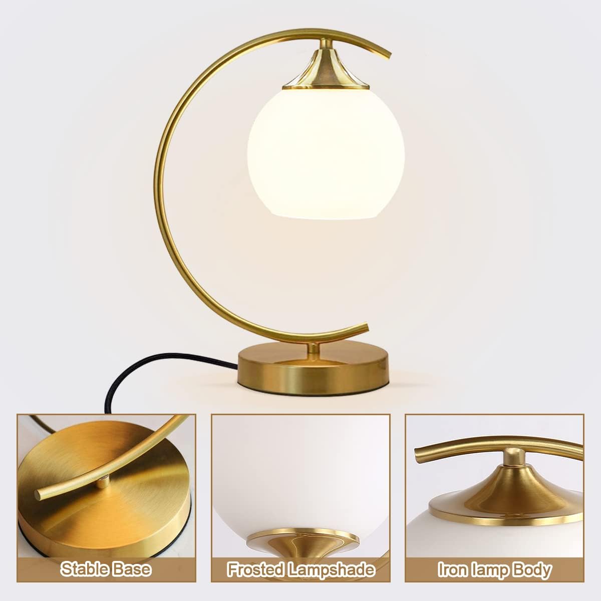 BOKT Modern Globe Table Lamp Mid Century Gold Glass Table Lamp Nordic Simple Design Desk Lamp White Globe Metal Reading Lighting Fixture…