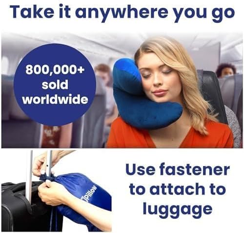J-Pillow Travel Pillow + Carry Bag, (No Scarf) - Chin & Neck Support in Any Sitting Position, Travel Pillow for Aeroplane - (Blue) Blue