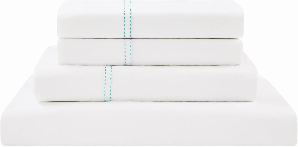 Scout 100% Cotton 200 Thread Count Percale Pick Stitch White/Seafoam 3-Piece Twin XL Sheet Set, Solid Themed, Adult Bedding, Oeko-TEX Certi…