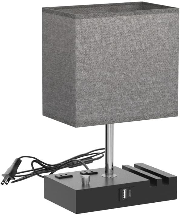 Kakanuo Fully Dimmable Nightstand Lamp for Bedroom with USB C Ports, Grey Small Bedside Table Lamp with Charging Outlets and Phone…
