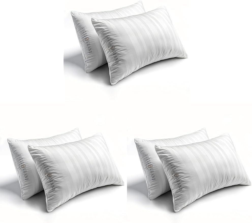 Hotel Grand Softy-Around Feather Down Pillows Queen Size Set of 6 Packs White Strip 100% Cotton Fabric Bed Pillows for All Position…