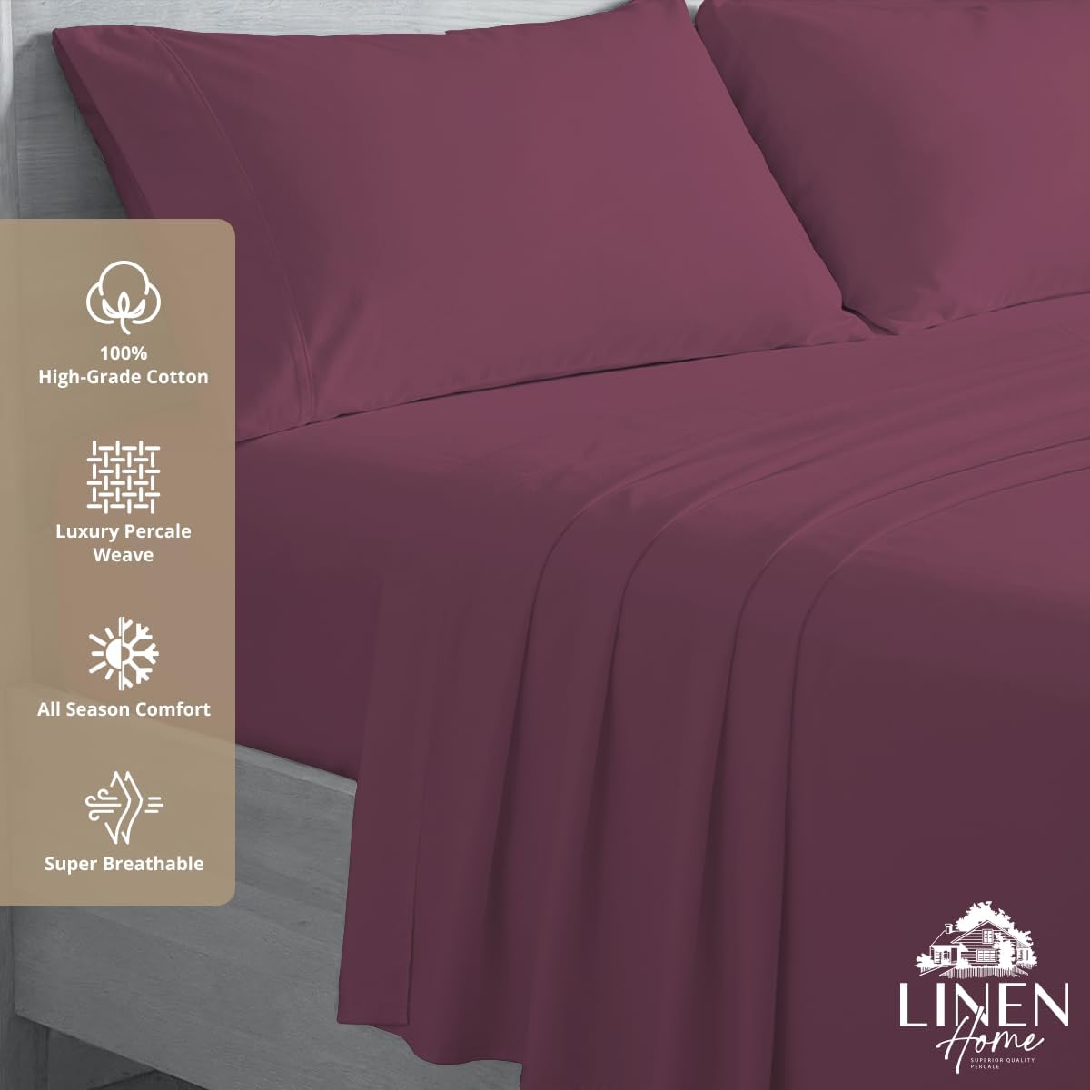 Linen Home 100% Cotton Percale Sheets Queen Size, Damson Berry, Deep Pocket, 4 Pieces Set - 1 Flat, 1 Deep Pocket Fitted Sheet and 2…