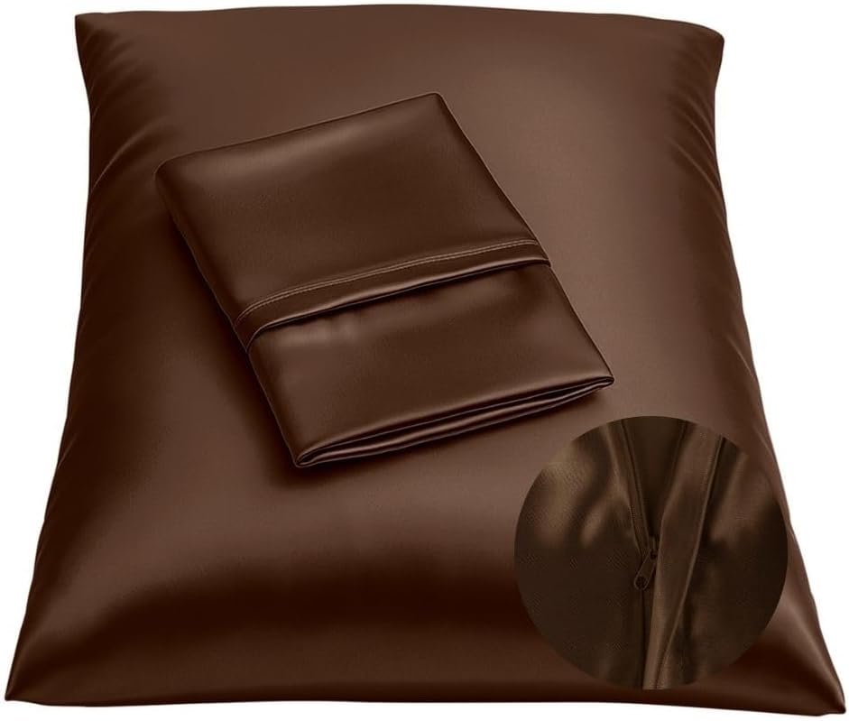 Blissford Brown Satin Pillowcase with Zipper, for Hair and fabric comfort, Feels Soft and Cool Like a Silk Pillowcase, Satin Pillow Cases…
