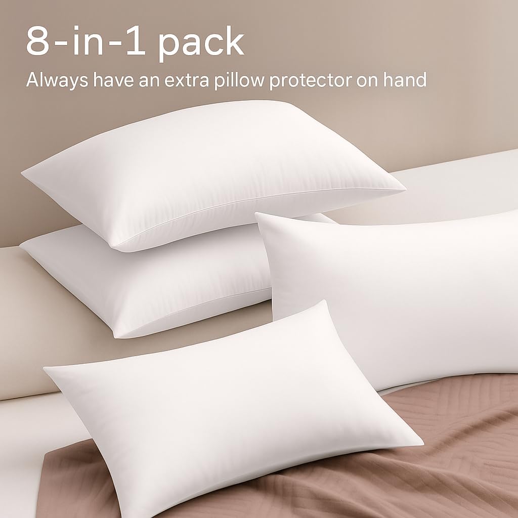 Ultra Soft Pillow Protectors with Zipper Queen Size - Set of 8 Breathable Pillow Covers - 100% Protection Against Stains, Dust & Dirt…