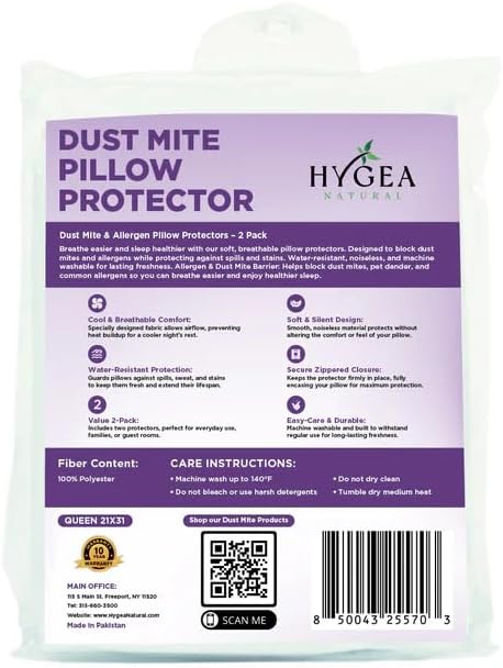 Hygea Dust Mite & Allergen Pillow Protectors, Standard Size, Set of 2 - Pillow Encasements - Zippered Covers - Hypoallergenic…