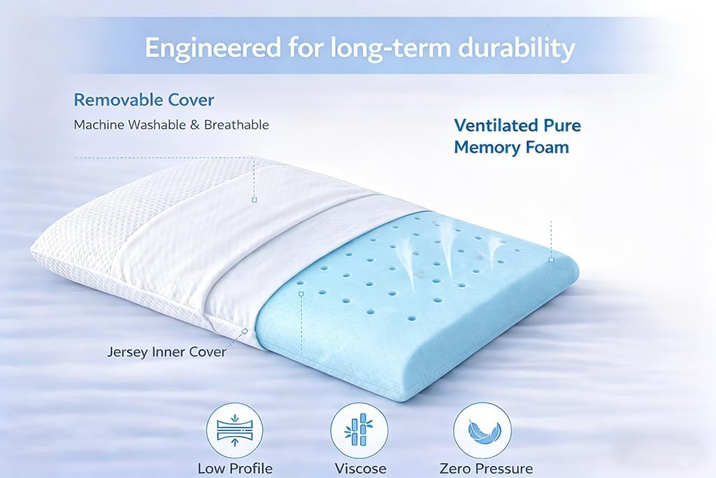 Dlight Bd 3.2" Stomach Sleeping Memory Foam Pillow-Thin, Flat, Soft Yet Supportative for Belly, Back& Stomach Sleepers White
