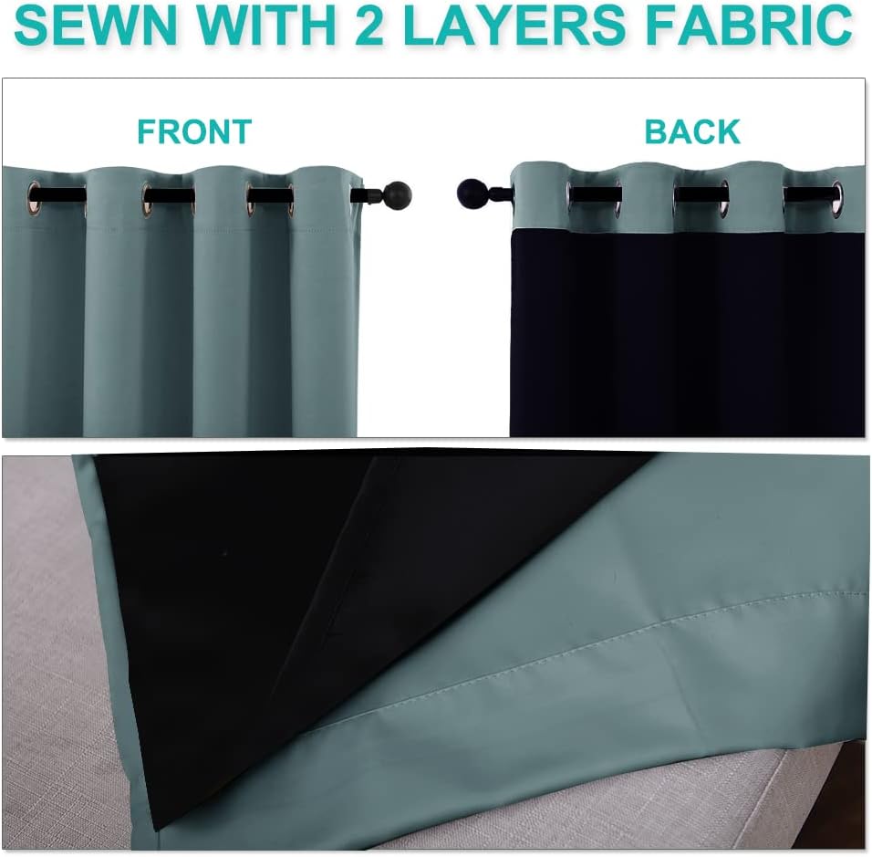 Nicetown 100% Blackout Short Curtains with Black Liners, 2 Panels, 37" W by 40" L, Greyish Blue, Solid Thermal Insulated Full Blackout 2-La…