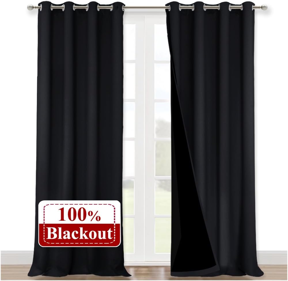 Nicetown Extra Long Truly Blackout Drapes for Hall and Villa, 52-inch Width Each Panel, 102-inch Length, Black, 2 Pieces, 100% Blackout Win…