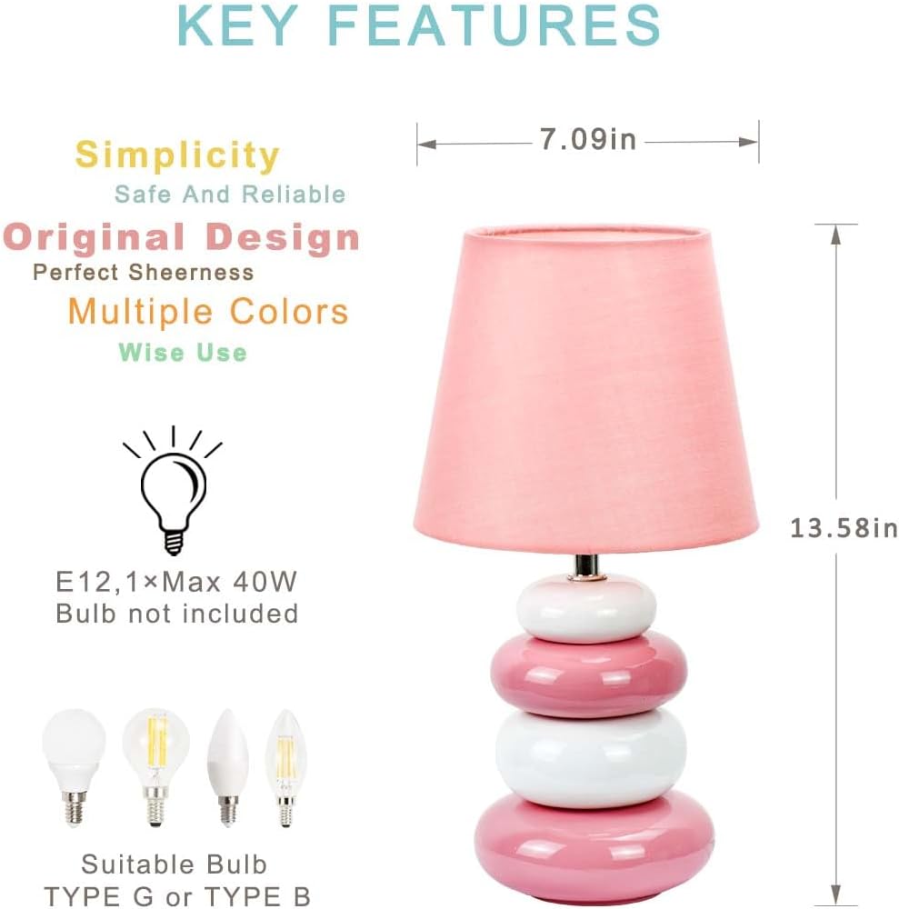 Ange Pink Small Table Lamp for Living Room as Bedside Table Lamp for Bedroom, Modern Ceramic Kids Night Table Lamp, Φ6.5×H12.44IN, Bulb…