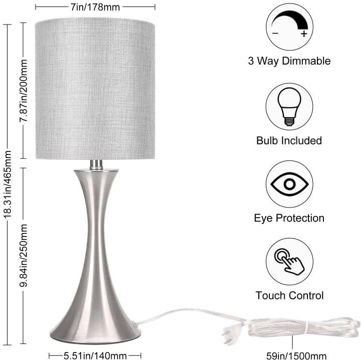 3 Way Touch Control Table Lamp, Dimmable Bedside Desk Lamp with Metal Base Modern Nightstand Lamp Stylish Grey Shade Simple Side Table…
