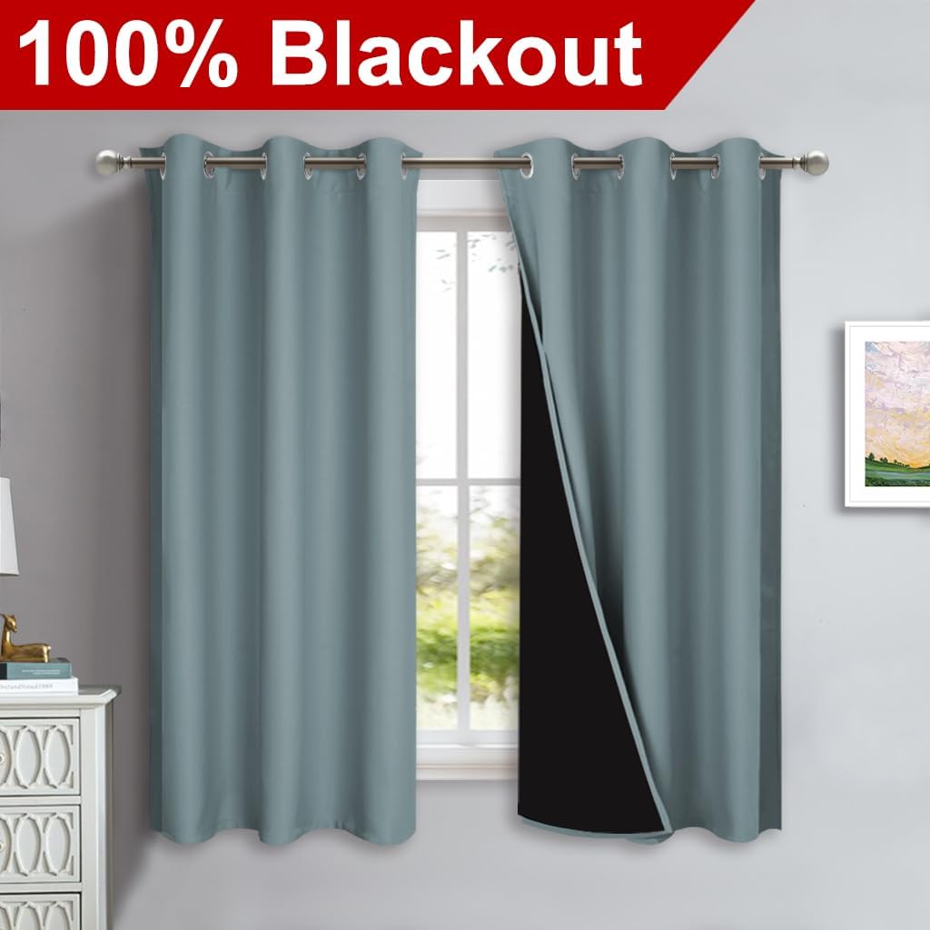 Nicetown 100% Blackout Short Curtains with Black Liners, 2 Panels, 37" W by 50" L, Greyish Blue, Solid Thermal Insulated Full Blackout 2-La…
