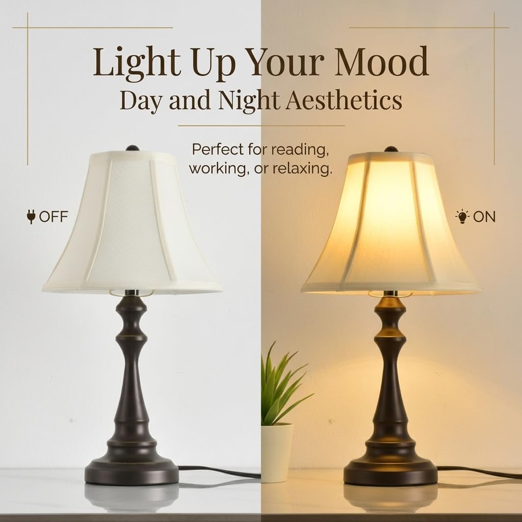 Traditional Table Lamp, Vintage Desk Lamp for Living Room with Fabric Shade, Farmhouse Bedside Lamp Brown Finish for Bedroom Nightstand…