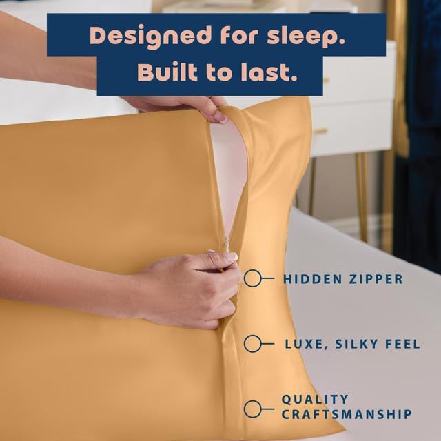 Blissford Satin Pillowcase with Zipper, for Hair and fabric comfort, Feels Soft and Cool Like a Silk Pillowcase, Gold Satin Pillow Cases…