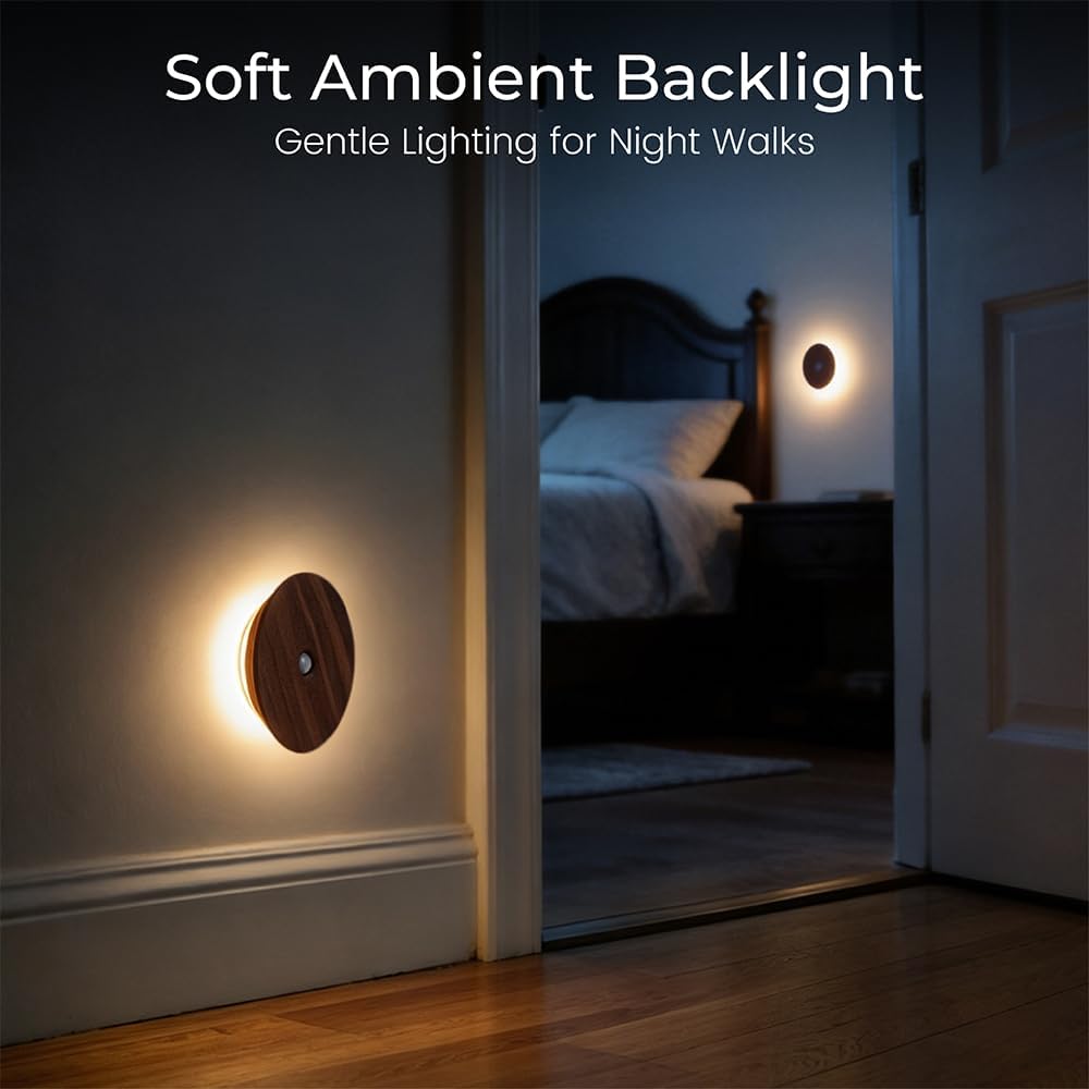 Motion Sensor Night Light Wood Rechargeable Battery-Powered Stick-On Step Lights Magnetic Closet Warm Nightlight for Hallway Bedroom…