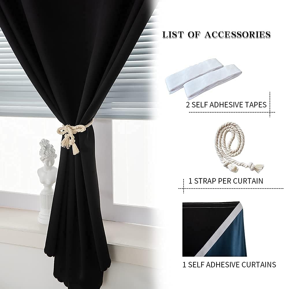 Jilron Autohesion Curtains for Windows, Bedroom Blackout Curtains for - Thermal Lnsulated No Drill Curtains Room Darkening Black Small Drape…
