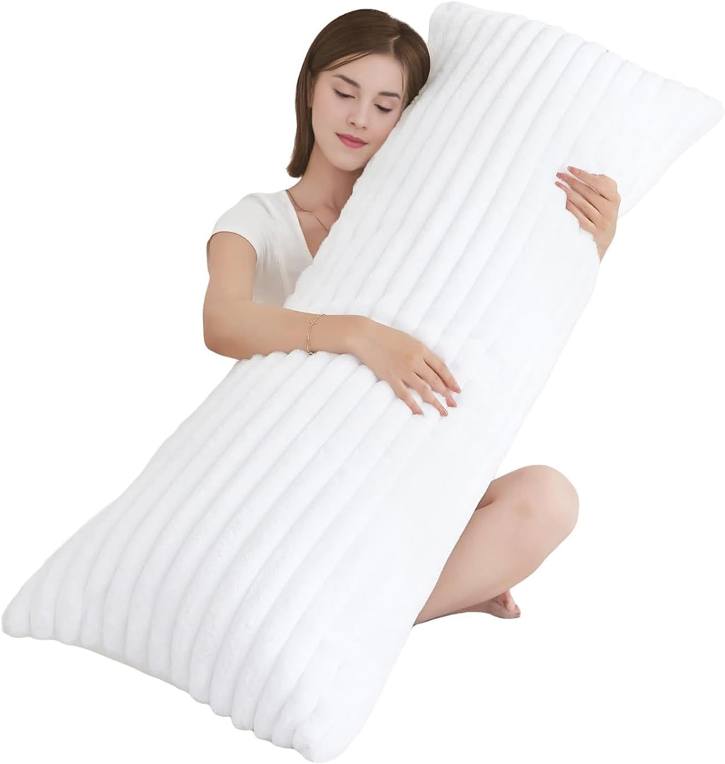 Memfydu Full Body Pillow with Fluffy Stripe Faux Fur Removable Cover, Long Bed Pillow Adult 20x54 Inches for Side Sleeper and Pregnancy, Wh…