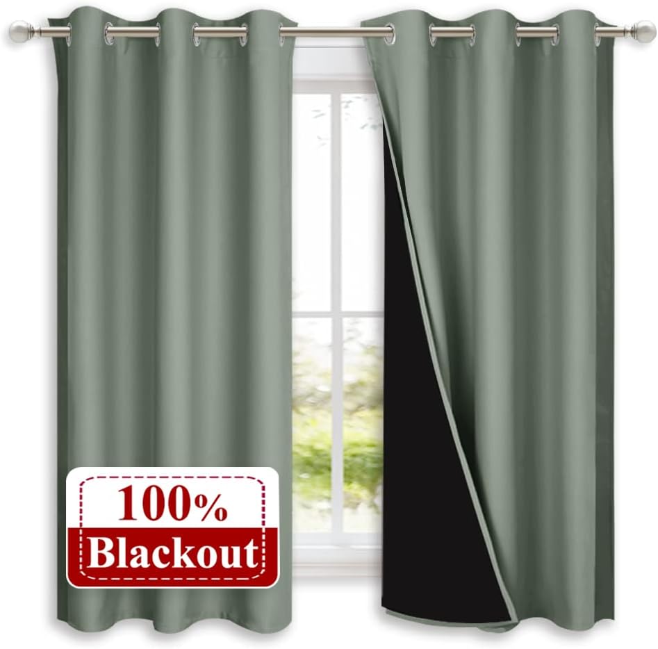 Nicetown Greyish Green 100% Blackout Lined Curtains, 2 Thick Layers Completely Blackout Window Treatment Panels Thermal Insulated Drapes fo…