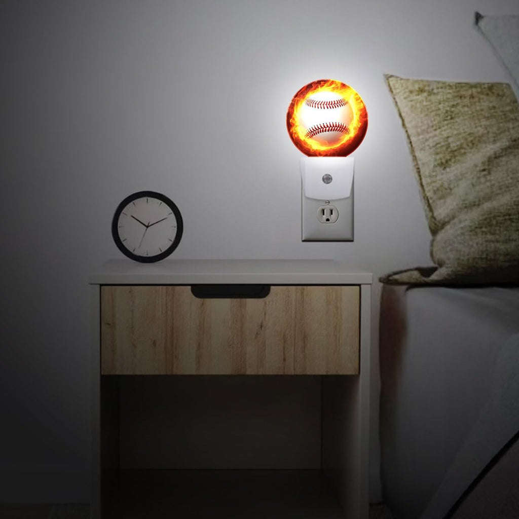 Baseball Fire Night Light Plug Into Wall Auto Led Sleep Round Lamp for Living Room Hallway Stairs