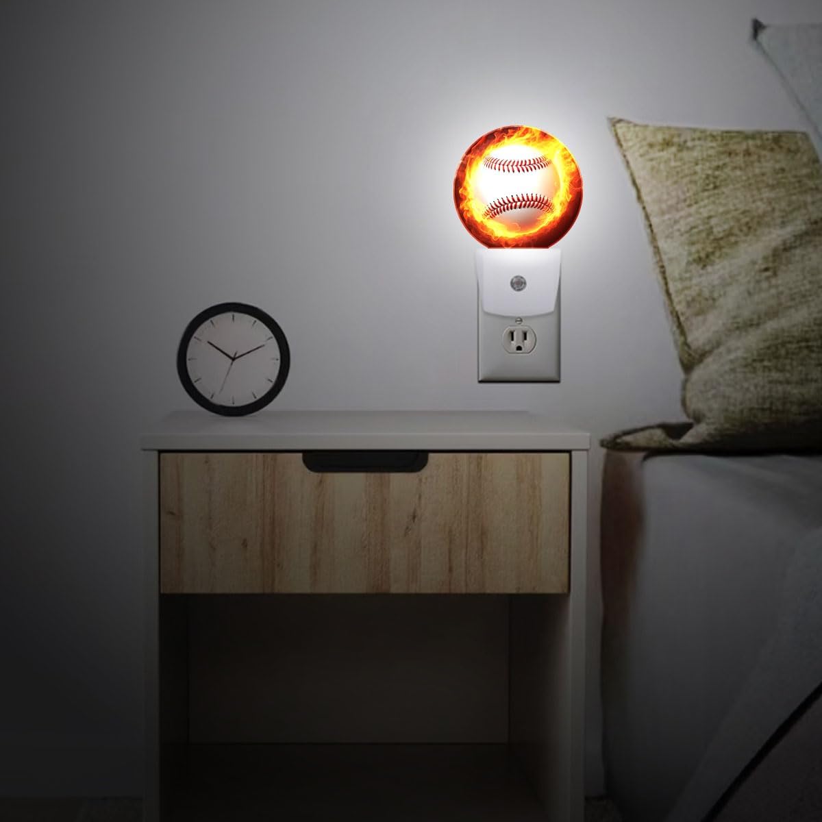 Baseball Fire Night Light Plug Into Wall Auto Led Sleep Round Lamp for Living Room Hallway Stairs