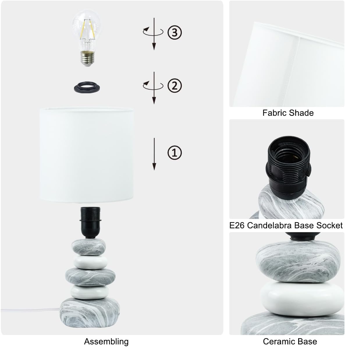 Stoney Ceramic Table Lamp for Living Room as Modern Kids Night Bedside Table Lamp for Bedroom, Φ7.09×H13.58IN, Bulb Excluded, Grey Marble