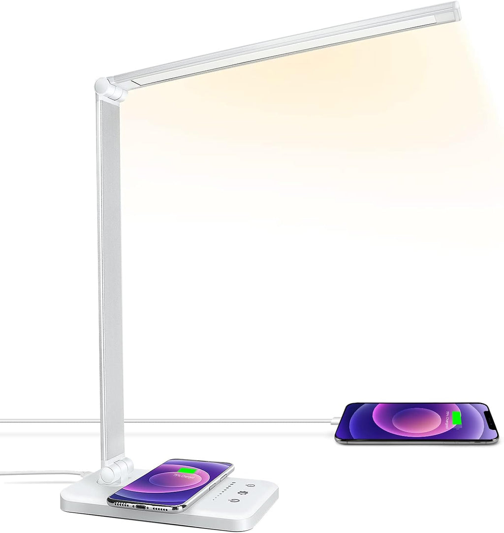 Jostic LED Desk Lamp with Wireless Charger, USB Charging Port, Desk Light with 10 Brightness, 5 Color Modes, Dimmable Eye Caring Reading De…