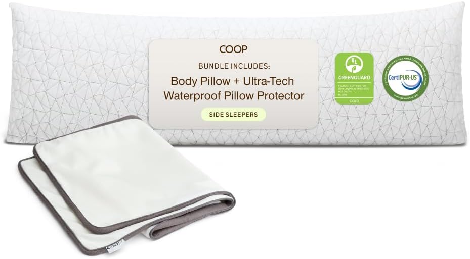 Coop Home Goods Original Adjustable Body Pillow (20x54) and Ultra-Tech Waterproof Pillow Protector Bundle for Pregnancy, Full Body…