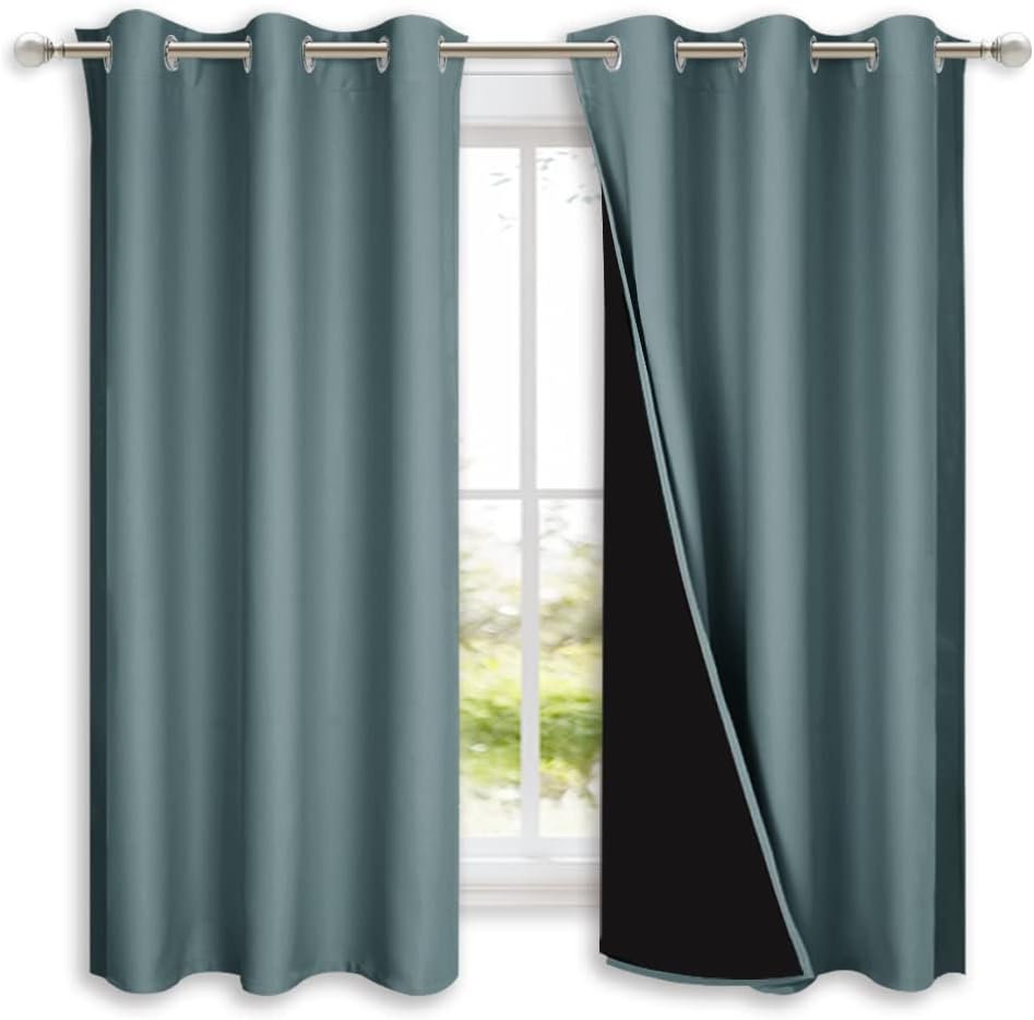 Nicetown 100% Blackout Short Curtains with Black Liners, 2 Panels, 37" W by 40" L, Greyish Blue, Solid Thermal Insulated Full Blackout 2-La…
