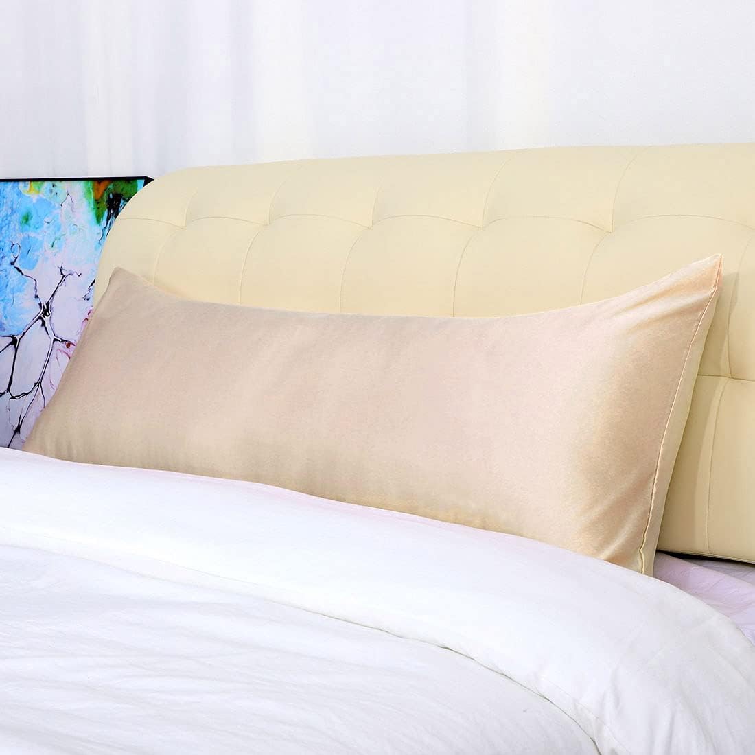 uxcell Body Pillow Cover 20x60 Inch Khaki Silky Satin Body Pillowcases for Hair and Skin Luxury Cooling Soft Smooth Washable