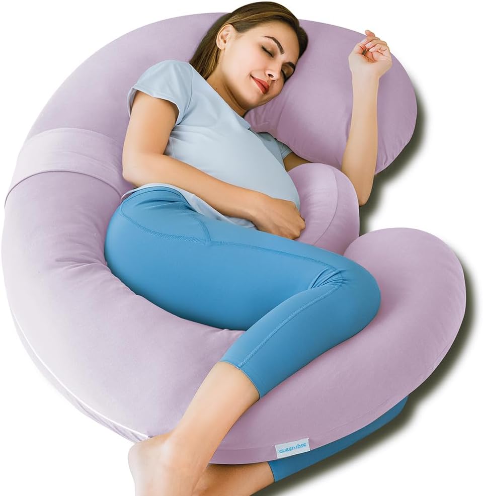 Queenrose QUEEN ROSE Cooling Pregnancy Pillows, E Shaped Full Body Pillow for Sleeping, with Pregnancy Wedge Pillow for Belly Support, 60 In…