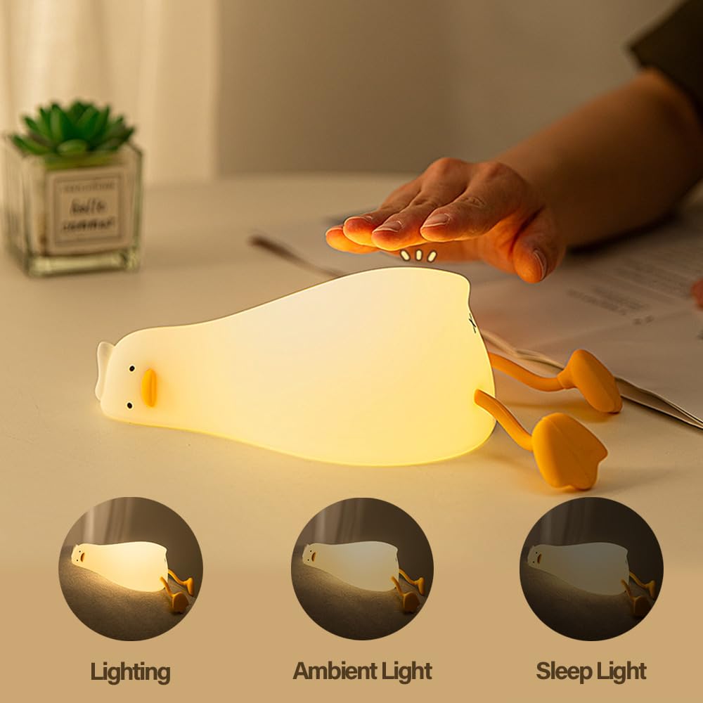 Cute Lying Flat Duck Night Light, 3 Level Dimmable Nursery Nightlight, Kawaii Lamps Squishy Silicone Light Up Duck, Rechargeable Touch…