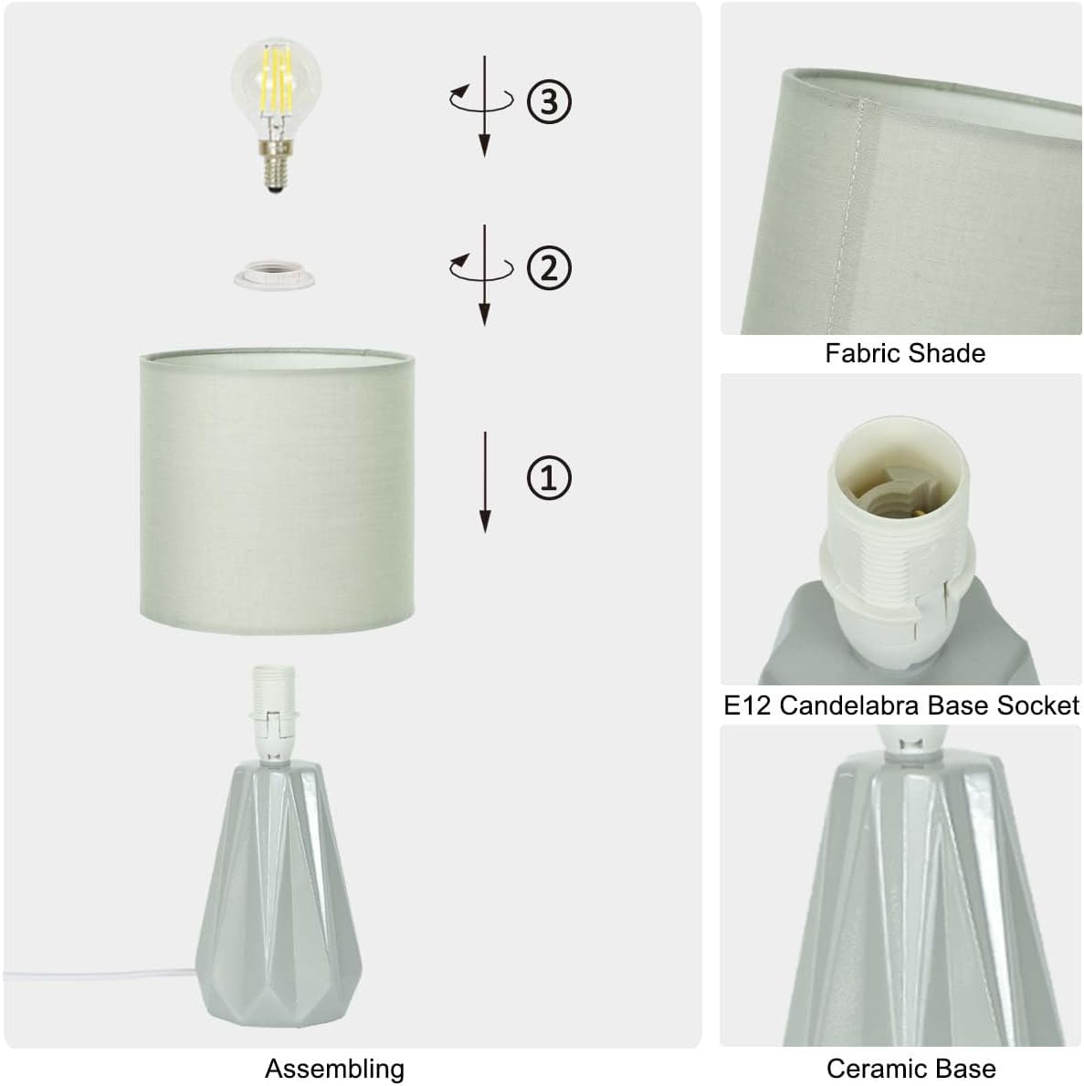 Elisa Light Grey Small Table Lamp for Living Room as Bedside Table Lamp for Bedroom, Modern Ceramic Kids Night Table…