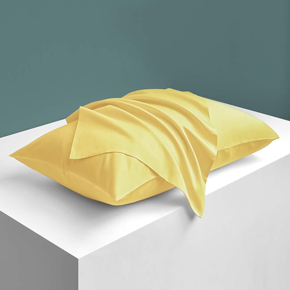Ntbay Zippered Satin Pillow Cases for Hair and Skin, Luxury Queen Hidden Zipper Pillowcases Set of 2, 20x30 Inches, Yellow 30 Inches