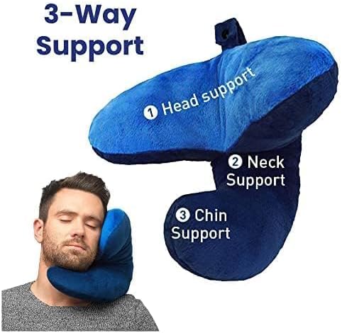 J-Pillow Travel Pillow + Carry Bag, (No Scarf) - Chin & Neck Support in Any Sitting Position, Travel Pillow for Aeroplane - (Blue) Blue