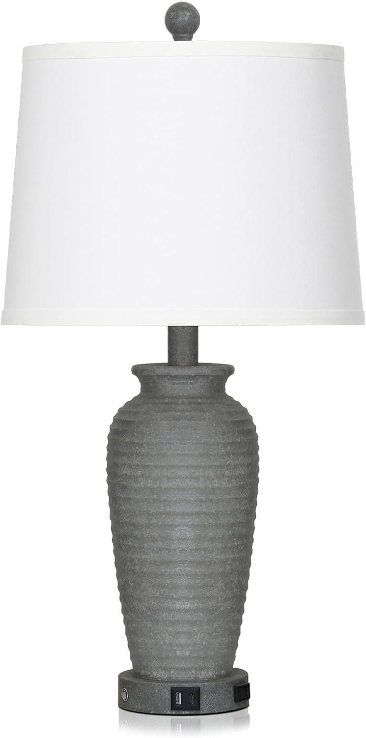 CINSARY 25" Grey Farmhouse Jar Table Lamps, 3 Way Touch Control Rustic Bedside Lamps with USB A+C Ports & AC Outlet, Pot Nightstand Lamps…