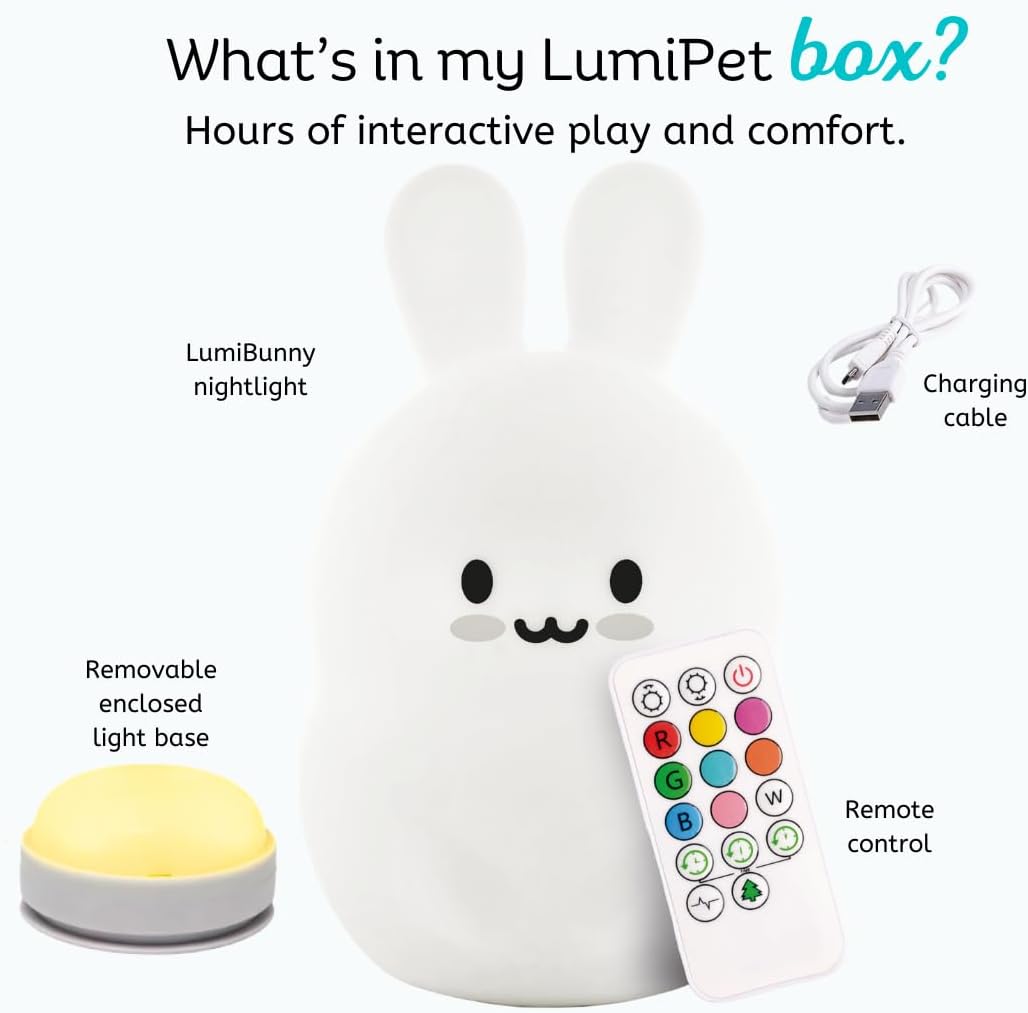 Lumipets Baxter The Bunny Squishy Night Light for Kids | Silicone Lamp with Tap & Remote Control | Rechargeable Color Changing Animal…