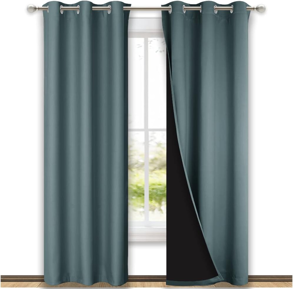 Nicetown Greyish Blue Blackout Curtains 84 inches Long, Full Light Blocking Drapes with Black Liner for Nursery, Thermal Insulated Draperie…