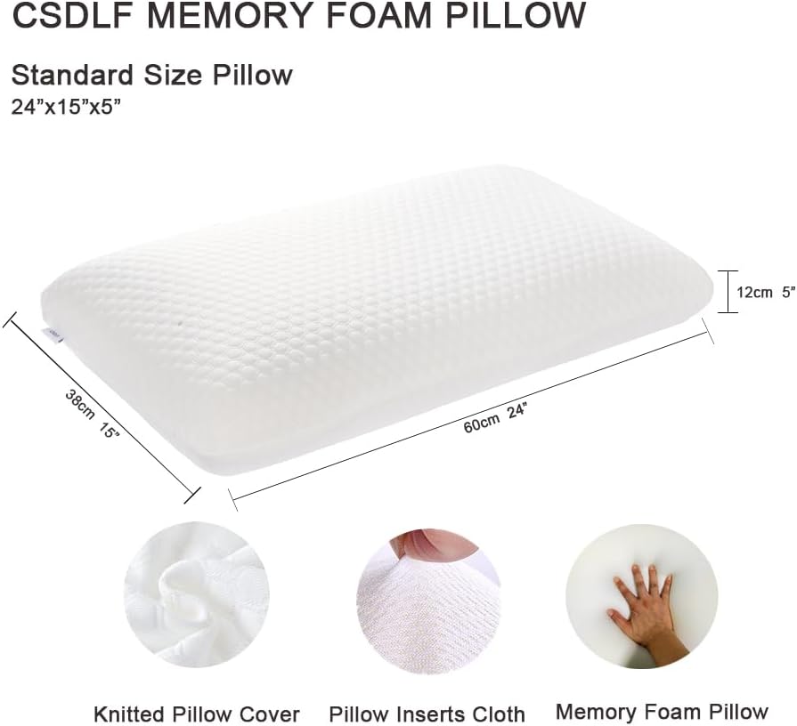 Csdlf Memory Foam Bed Pillows, Pillow for Side and Back Sleeper, Pillow for Neck, Washable Removable Cover, Soft, White (Standard) White