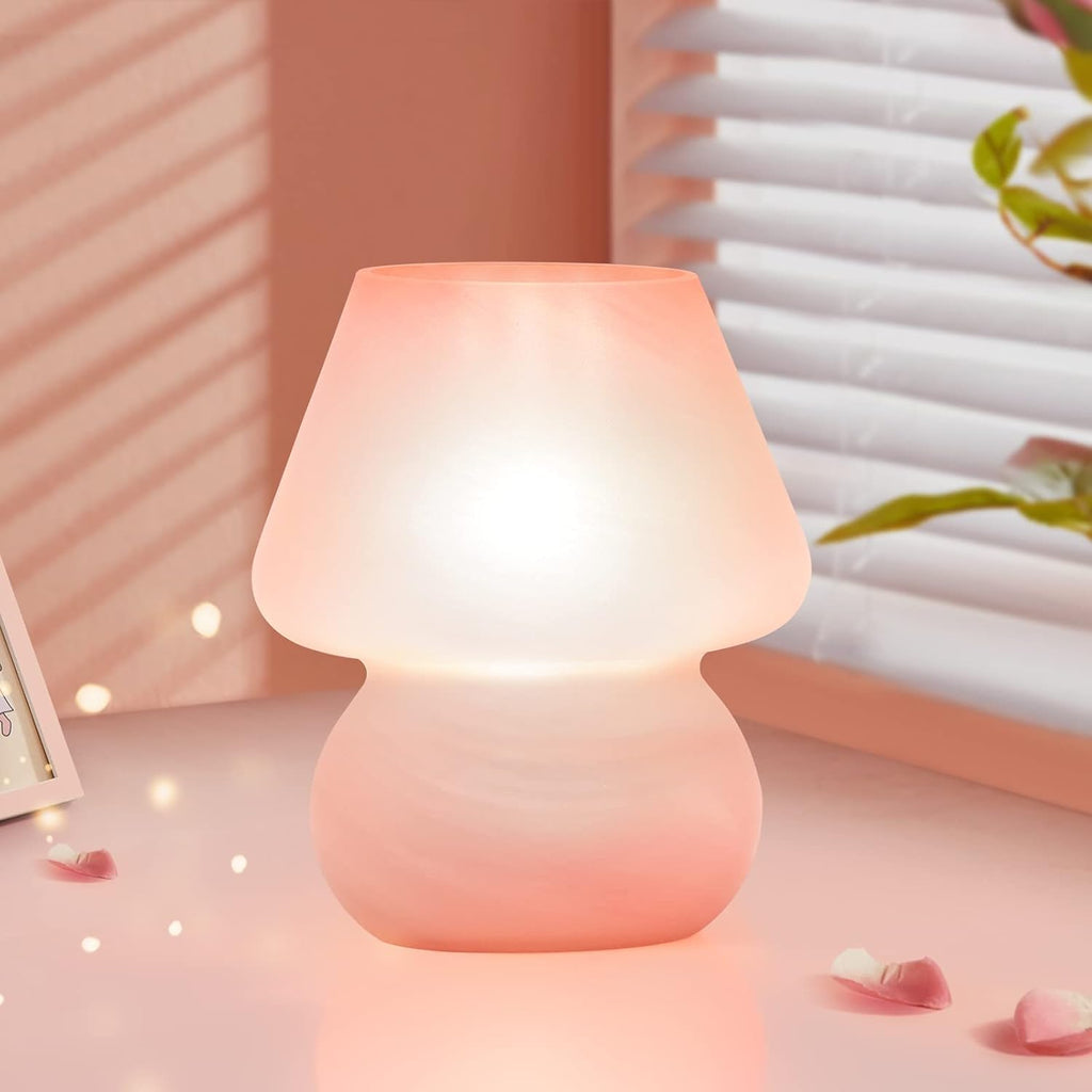 ONEWISH Mushroom Lamp Cute Table Lamp for Bedroom Nightstand Soft Light Pink, Small Glass Nightlight Stepless Dimmable Desk Lamp for…