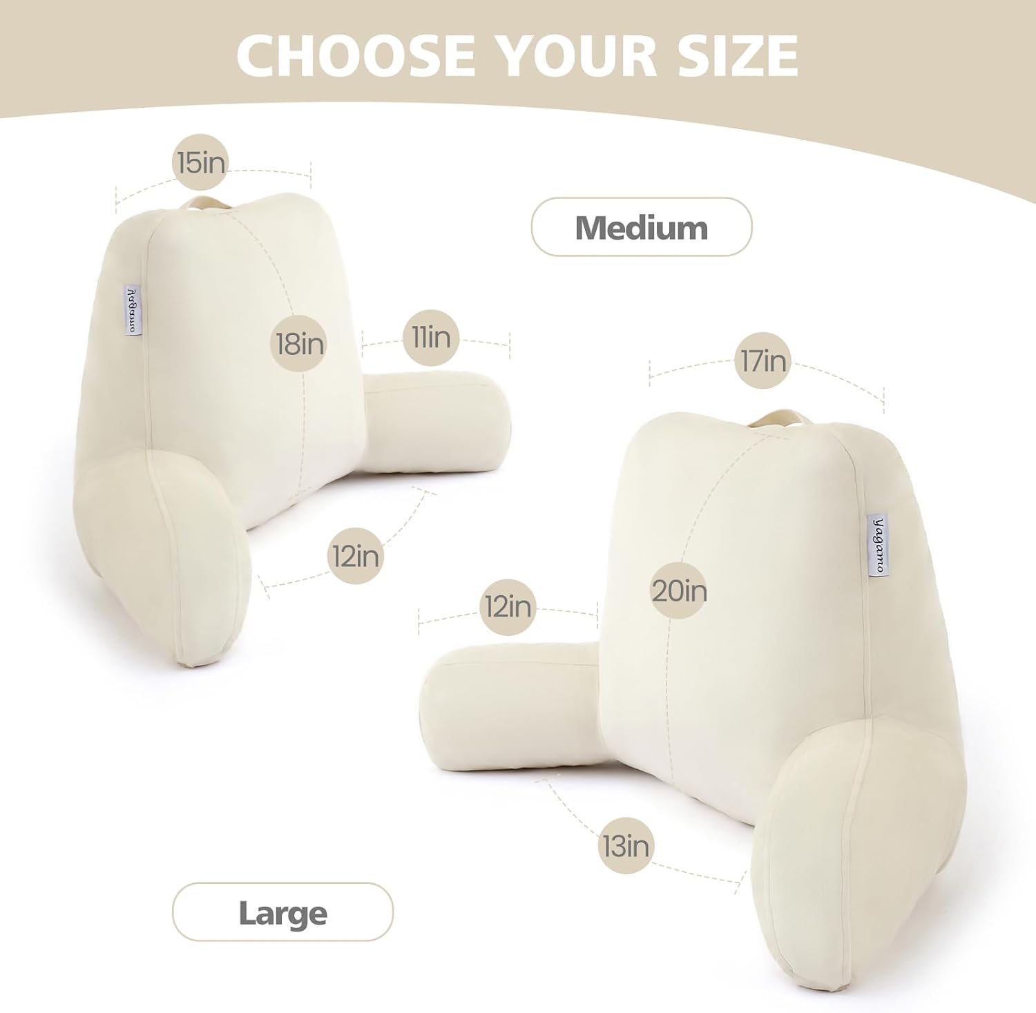 Reading Pillow with Adjustable Memory Foam, Adult Backrest with Arms, Back Pillow for Sitting in Bed with Washable Cover- Large, Beige