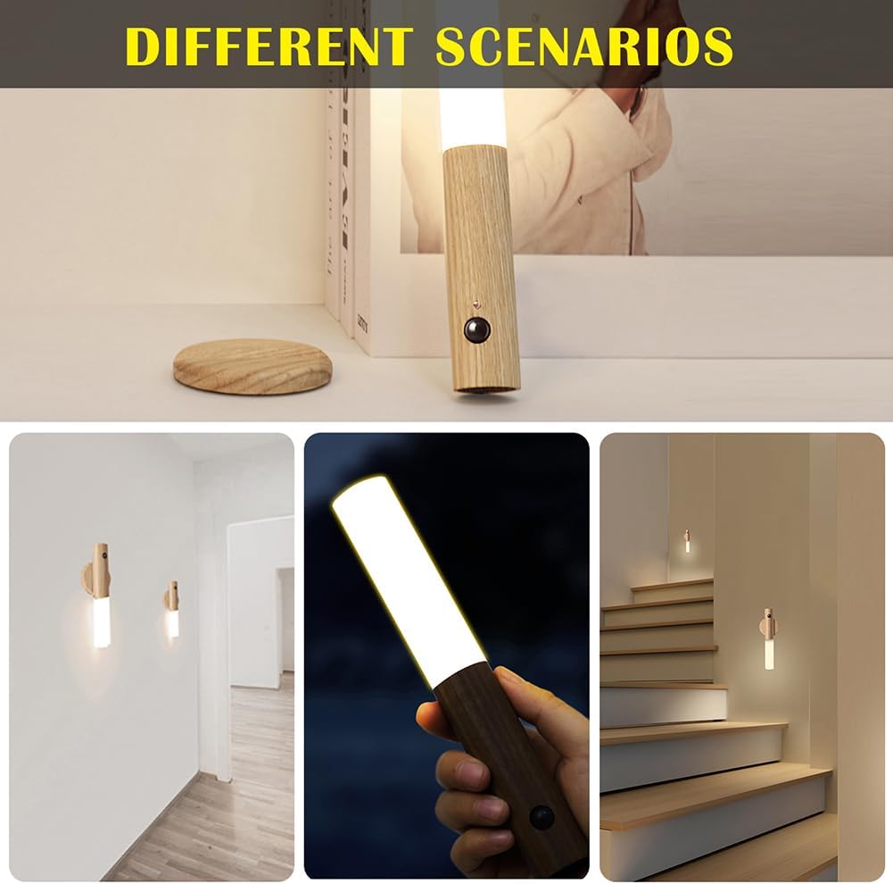 Landgoo Wooden Motion Sensor Lights Indoor, Magnet Body Hallway Rechargeable LED Wireless Battery Operated Wall Sconce, Portable Decor Torc…