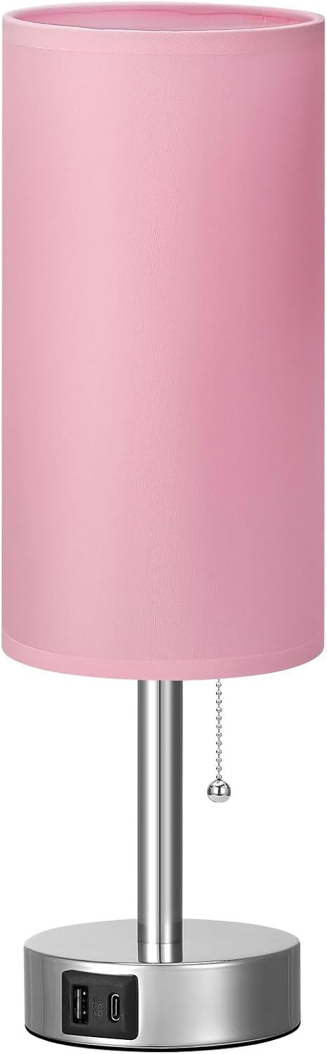 Dicoool Small Bedside Table Lamp for Bedroom, Pink Nightstand Lamp for Girls Kids, 3 Color Temperatures & USB Charging Port, Cute Desk…