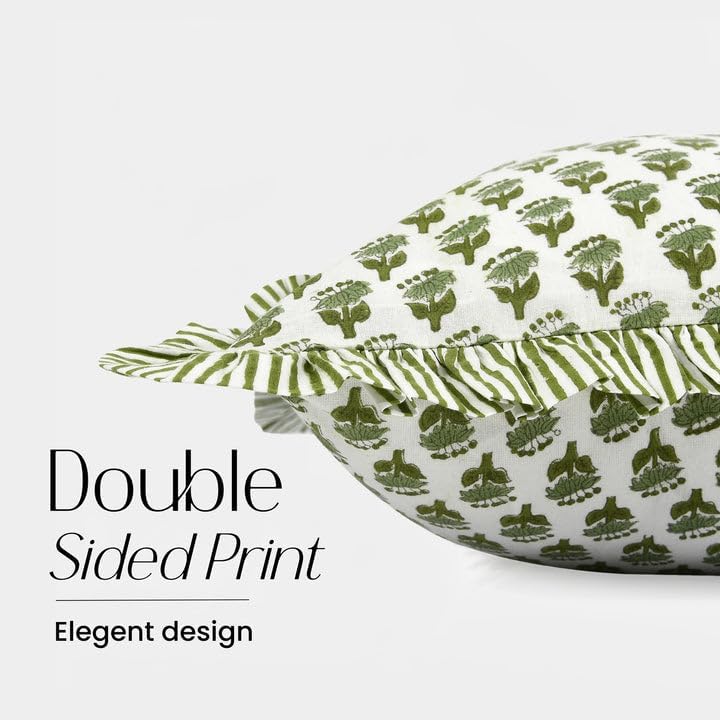 Cottonprintclub CPC Hand Block Print Emerald Green Ruffle Sham Pillow Cover 20" x 12" inch Hidden Zipper Decorative Pillowcase for Couch, B…