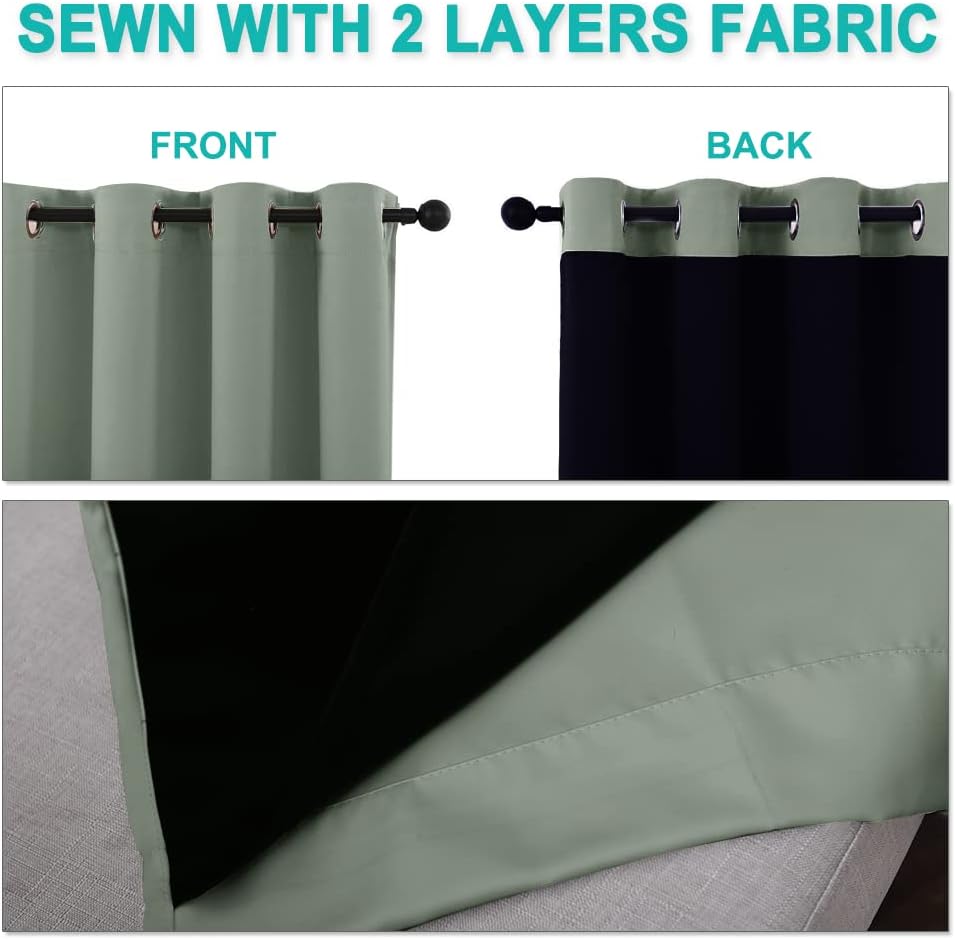 Nicetown Greyish Green 100% Blackout Lined Curtains, 2 Thick Layers Narrow Wide Window Treatment Panels Thermal Insulated Drapes for Kitche…
