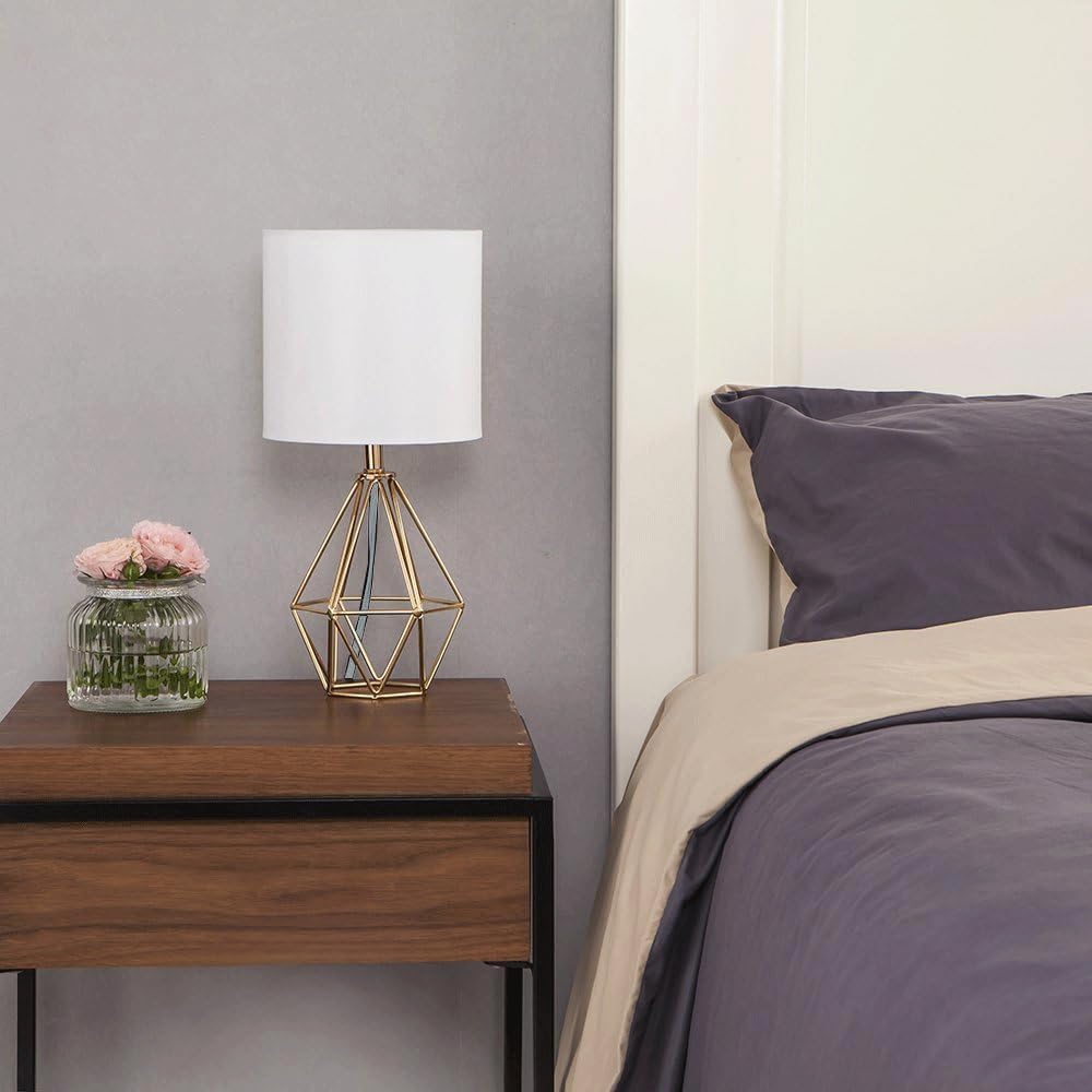 Gold Small Table Lamp Set of 2, Modern Bedside Nightstand Lamps with Geometric Metal Base White Fabric Shade, Cute Desk Lamp for Living…