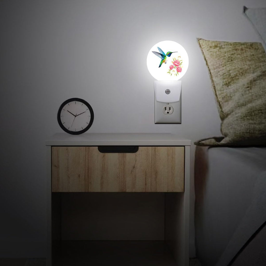 Hummingbird Flower Bird Night Light Plug Into Wall Auto Led Sleep Round Lamp for Living Room Hallway Stairs