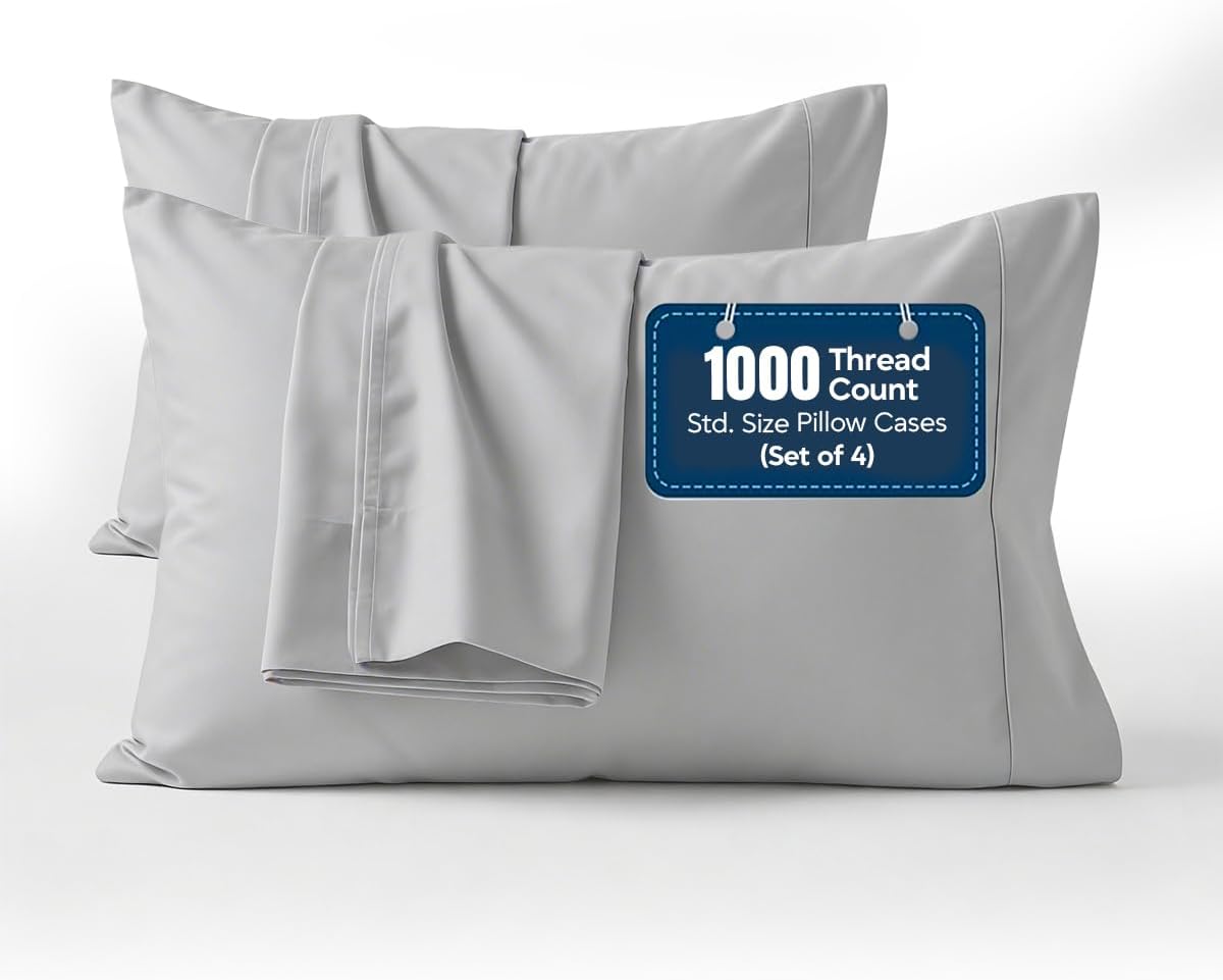 1000 TC Pillowcases Set of 4 100% Egyptian Cotton Pillow Cases with Long Staple Cotton & Sateen Weave, Silky Soft Hotel Like Bed Pillow…