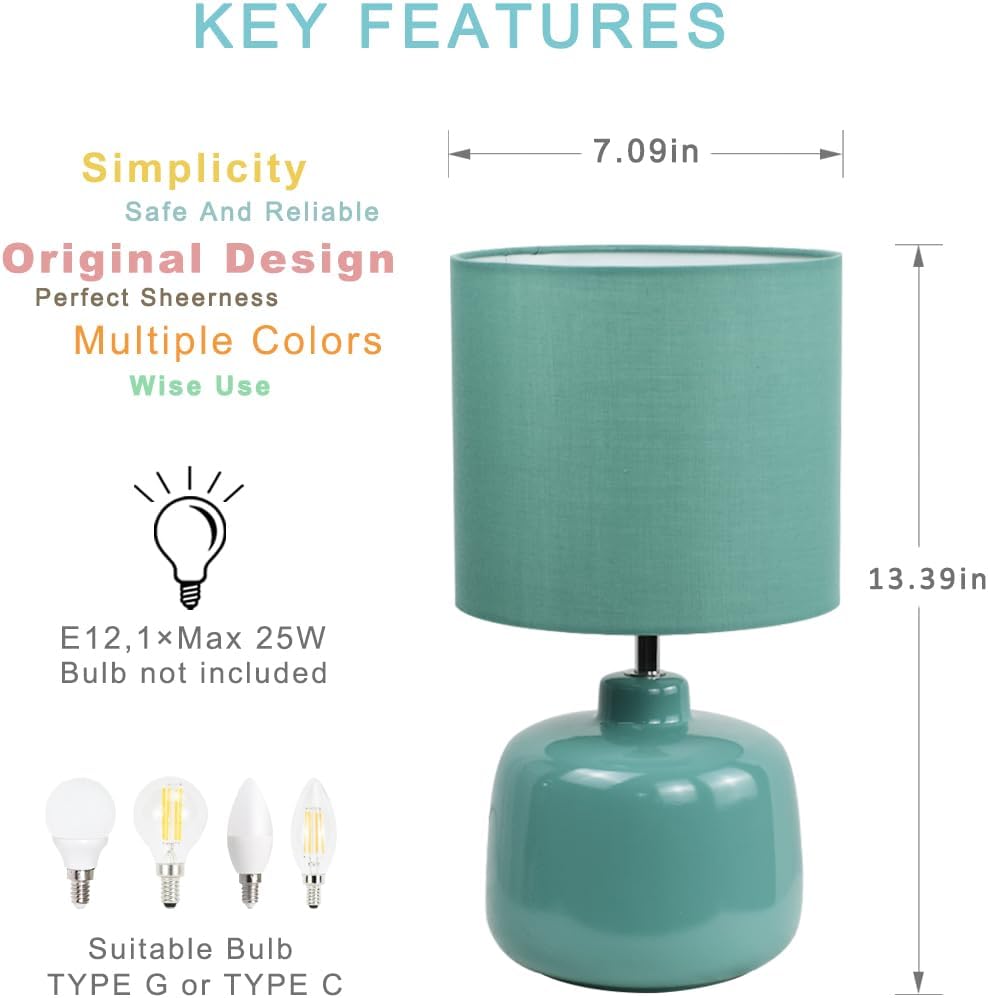 Oslo Green Small Ceramic Table Lamp for Living Room and Bedroom, Modern Kids Night Table Lamp, Φ7.09×H13.39IN, Bulb Excluded