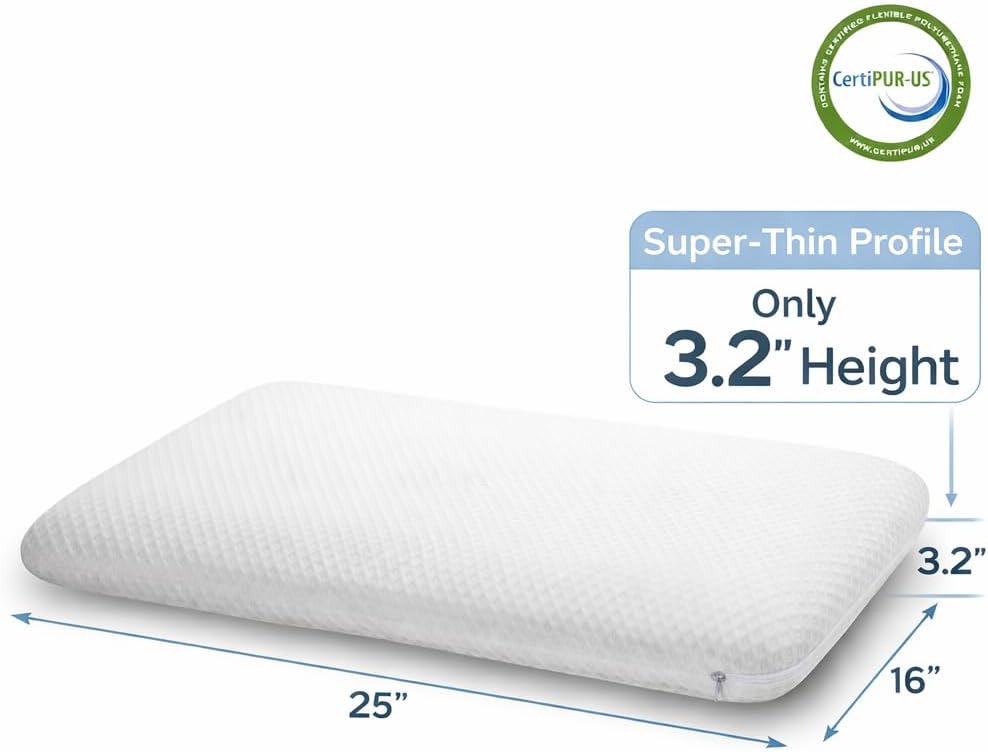 Dlight Bd 3.2" Stomach Sleeping Memory Foam Pillow-Thin, Flat, Soft Yet Supportative for Belly, Back& Stomach Sleepers White