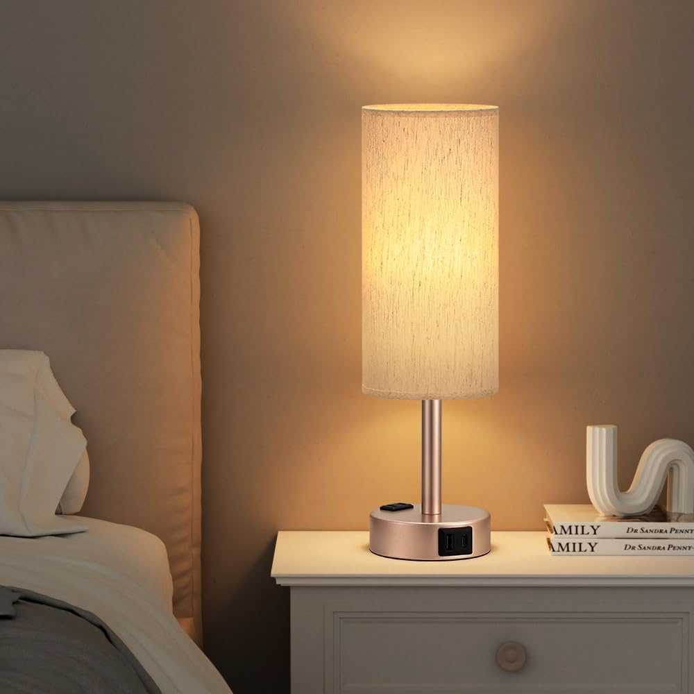 Fenmzee Bedside Table Lamp for Bedroom - 3 Way Dimmable Touch Lamp USB C Charging Ports and AC Outlet, Small Lamp Gold Base Round Flaxen…