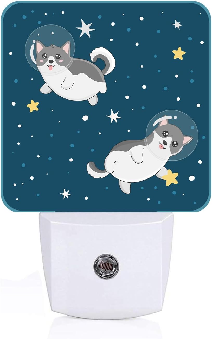 Cute Husky Astronauts on Space Night Light, Plug-in Night Lights with Dusk-to-Dawn Sensor for Stairway, Hallway, Bedroom Sleep Friendly…